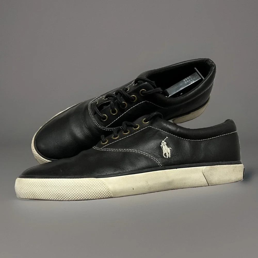 Polo Ralph Lauren Mens Vaughn Black Leather Lifestyle Shoes White Pony Logo 9.5D